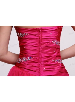 Pretty A-line Strapless Knee-length Beading Taffeta Hot Pink Prom Dress