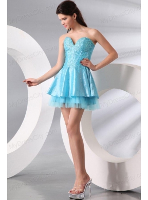 Princess Light Blue Sweetheart Mini-length Beading Prom Dress