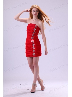 Red Column Strapless Mini-length Beading Taffeta Prom Dress with Beading