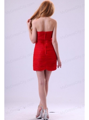 Red Column Strapless Mini-length Beading Taffeta Prom Dress with Beading