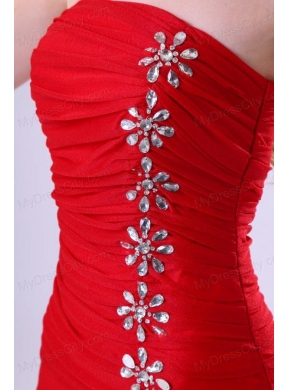 Red Column Strapless Mini-length Beading Taffeta Prom Dress with Beading