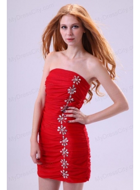 Red Column Strapless Mini-length Beading Taffeta Prom Dress with Beading