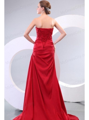 Red Column Sweetheart Brush Train Affordable Ruching Prom Dress with Lace Up