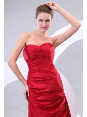 Red Column Sweetheart Brush Train Affordable Ruching Prom Dress with Lace Up