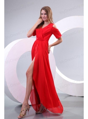 Red Column V-neck Floor-length Short Sleeves Prom Dress with Silt