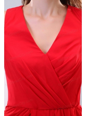 Red Column V-neck Floor-length Short Sleeves Prom Dress with Silt