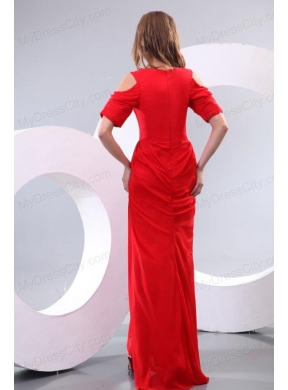 Red Column V-neck Floor-length Short Sleeves Prom Dress with Silt