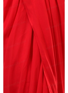 Red Column V-neck Floor-length Short Sleeves Prom Dress with Silt