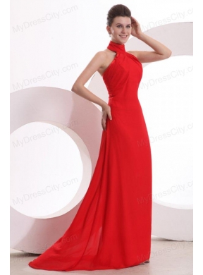 Red Halter Top Neck Empire Chiffon Ruche Prom Dress with Sweep Train