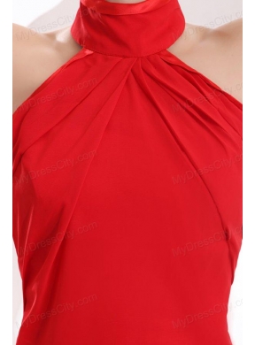 Red Halter Top Neck Empire Chiffon Ruche Prom Dress with Sweep Train