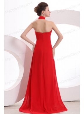 Red Halter Top Neck Empire Chiffon Ruche Prom Dress with Sweep Train