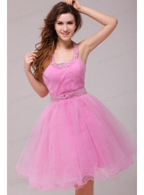 Rose Pink Halter Top Beading and Ruching Prom Dress