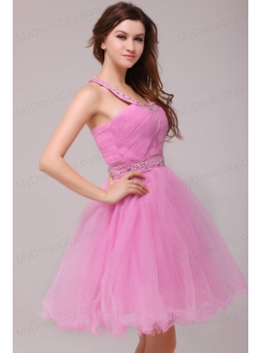 Rose Pink Halter Top Beading and Ruching Prom Dress