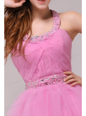 Rose Pink Halter Top Beading and Ruching Prom Dress