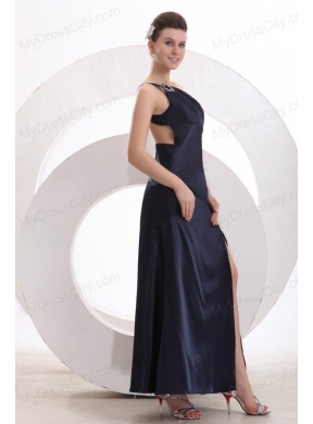 Sexy Column One Shoulder Ankle-length Beading Navy Blue Prom Dress with Criss Cross