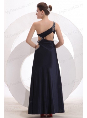 Sexy Column One Shoulder Ankle-length Beading Navy Blue Prom Dress with Criss Cross