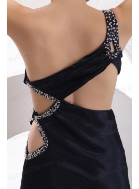 Sexy Column One Shoulder Ankle-length Beading Navy Blue Prom Dress with Criss Cross