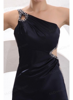 Sexy Column One Shoulder Ankle-length Beading Navy Blue Prom Dress with Criss Cross