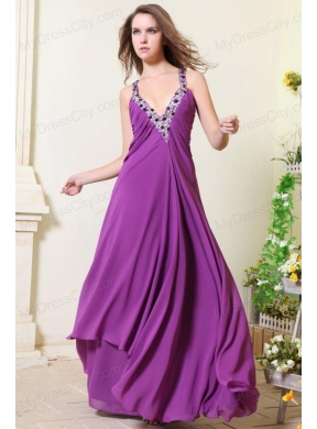 Sexy V-neck Empire Chiffon Beaded Decorate Prom Dress in Purple