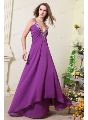 Sexy V-neck Empire Chiffon Beaded Decorate Prom Dress in Purple