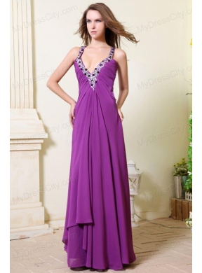 Sexy V-neck Empire Chiffon Beaded Decorate Prom Dress in Purple