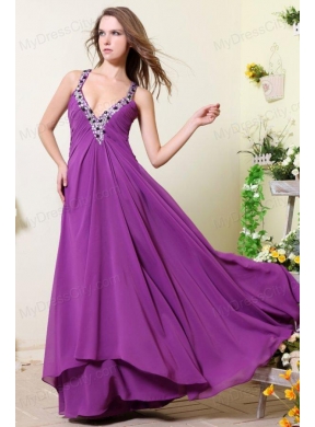 Sexy V-neck Empire Chiffon Beaded Decorate Prom Dress in Purple