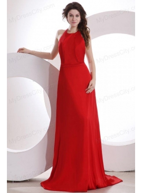 Simple Empire Halter Chiffon Red Brush Train Prom Dress