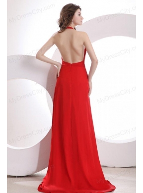 Simple Empire Halter Chiffon Red Brush Train Prom Dress