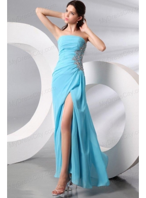 Strapless Aqua Blue Floor-length Appliques and High Silt Prom Dress