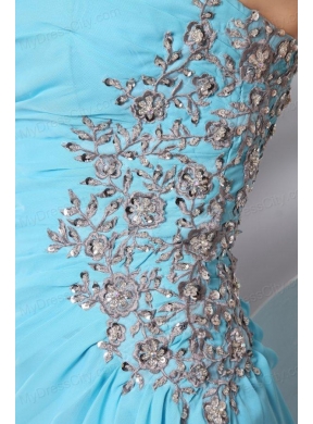 Strapless Aqua Blue Floor-length Appliques and High Silt Prom Dress