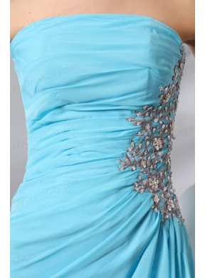 Strapless Aqua Blue Floor-length Appliques and High Silt Prom Dress