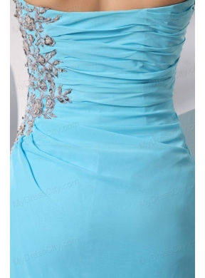 Strapless Aqua Blue Floor-length Appliques and High Silt Prom Dress