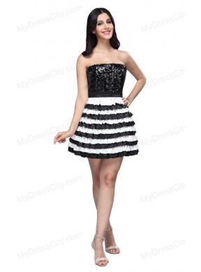 Strapless Black and White Mini-length Sequins Layered Prom Dress