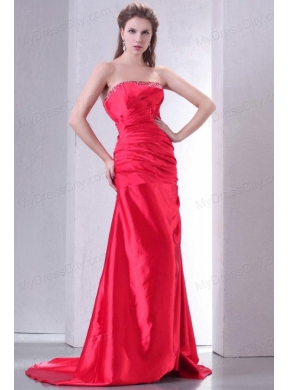 Strapless Coral Red A-line Sweep Train Beaded Decorate Prom Dress