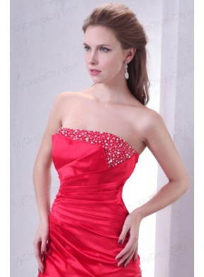 Strapless Coral Red A-line Sweep Train Beaded Decorate Prom Dress