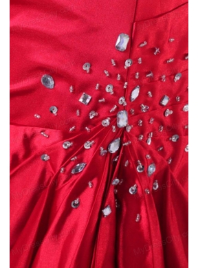 Strapless Coral Red A-line Sweep Train Beaded Decorate Prom Dress