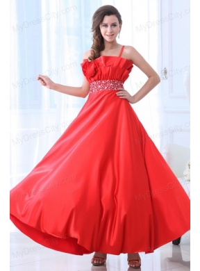 Taffeta Red Empire One Shoulder Ankle-length Beading Prom Dress