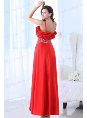 Taffeta Red Empire One Shoulder Ankle-length Beading Prom Dress