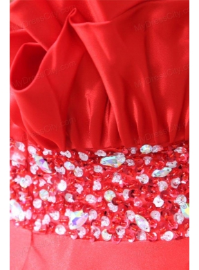 Taffeta Red Empire One Shoulder Ankle-length Beading Prom Dress