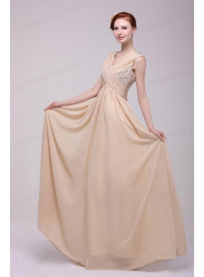 V-neck Empire Chiffon Beaded Decorate Brush Train Prom Dress