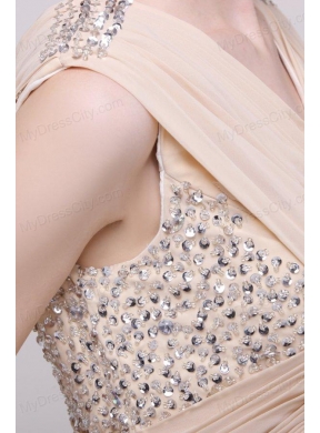 V-neck Empire Chiffon Beaded Decorate Brush Train Prom Dress