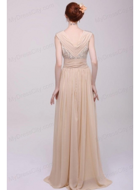 V-neck Empire Chiffon Beaded Decorate Brush Train Prom Dress