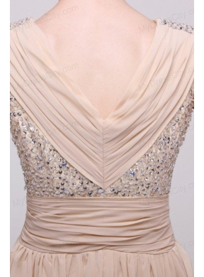 V-neck Empire Chiffon Beaded Decorate Brush Train Prom Dress