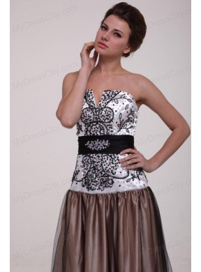 White and Brown A-line Strapless Prom Dress with Beading