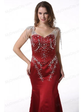 Wine Red Court Train V-neck Mermaid Prom Dress with Beading