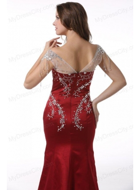 Wine Red Court Train V-neck Mermaid Prom Dress with Beading