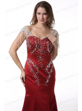 Wine Red Court Train V-neck Mermaid Prom Dress with Beading