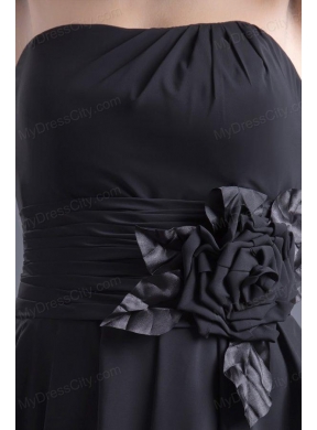 A-line Black Strapless Knee-length Hand Made Flowers Prom Dress