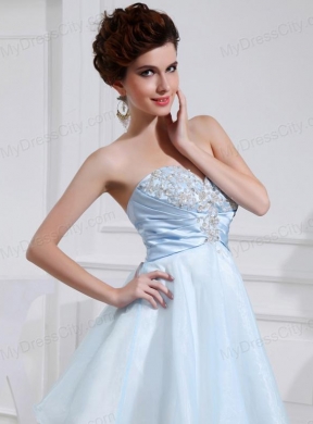 A-line Chiffon Aqqliques Strapless Light Blue Sweatheart Prom Dress