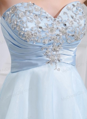 A-line Chiffon Aqqliques Strapless Light Blue Sweatheart Prom Dress